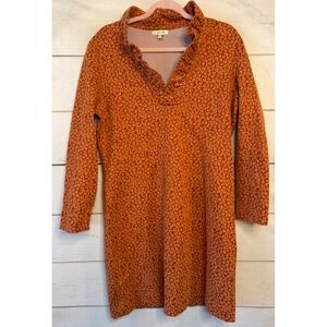 Tyler Boe Orange Leopard Print Ruffle Collar Lurex Shift Dress Womens Large